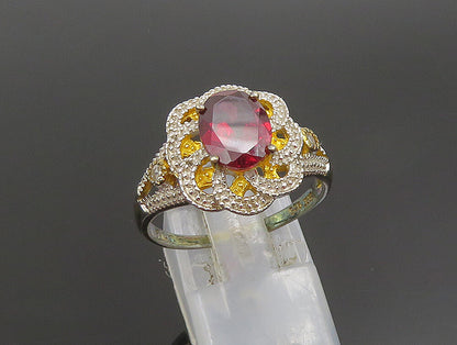 925 Silver  Vintage Two Tone Garnet & Topaz Floral Swirl Ring Sz 10  RG25309