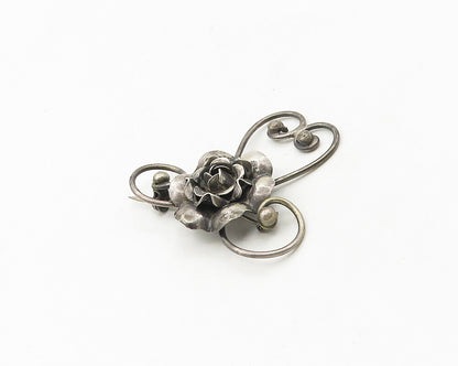 925 Sterling Silver  Vintage Dark Tone Sculpted Flower Brooch Pin  BP7385