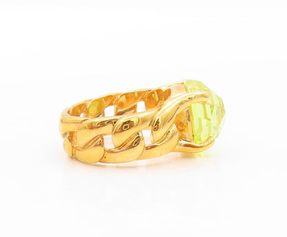 925 Sterling Silver Vintage Ring Gold Plated Green Faceted Glass  Sz 7  RG32536