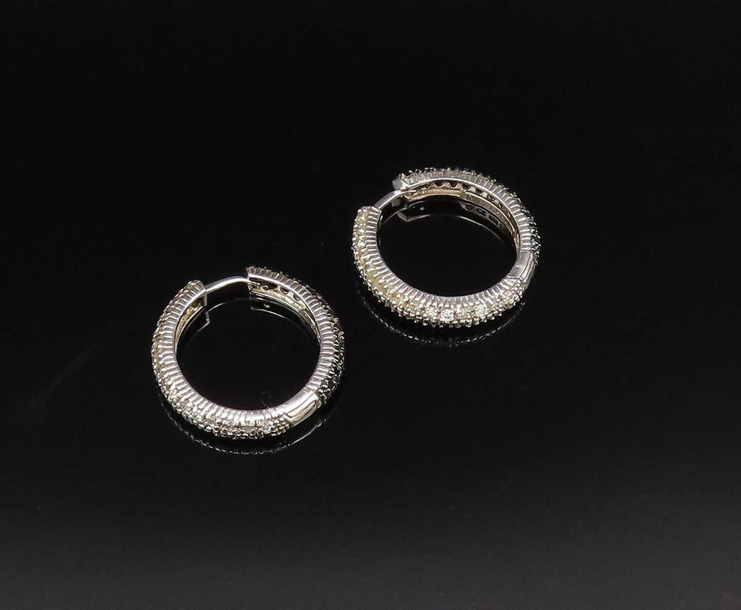 925 Silver  Vintage Black & White Genuine Diamonds Hoop Earrings  EG12069