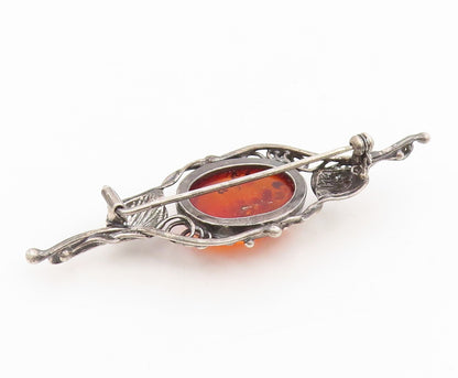 925 Sterling Silver Vintage Brooch Pin Cabochon Honey Amber Floral Leaf  BP12211