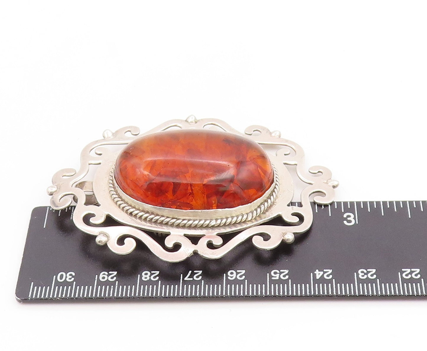 925 Sterling Silver Vintage Brooch Large Cabochon Honey Amber Scroll Pin BP12278