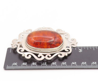 925 Sterling Silver Vintage Brooch Large Cabochon Honey Amber Scroll Pin BP12278