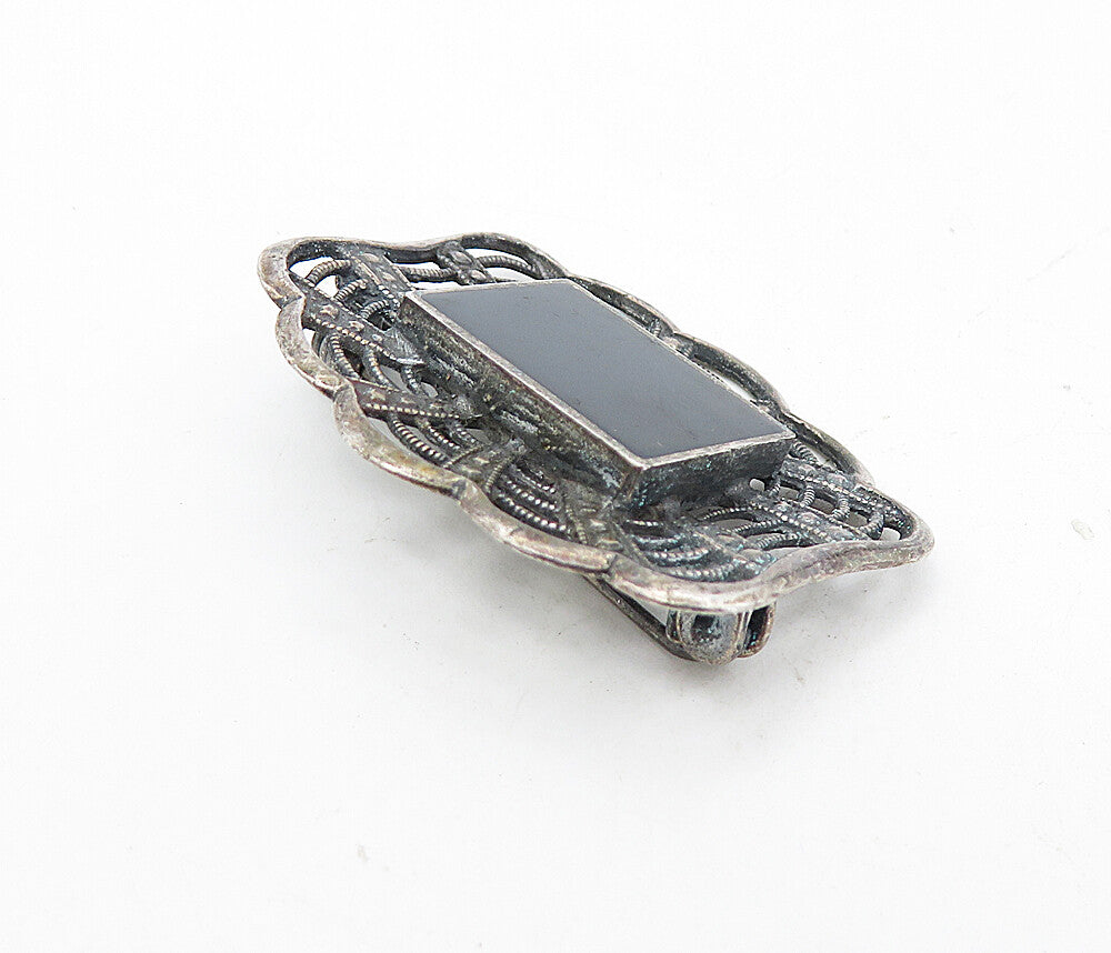925 Sterling Silver  Vintage Inlaid Black Onyx Dark Tone Brooch Pin  BP3007