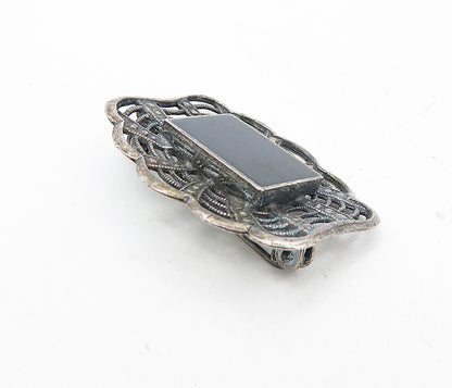 925 Sterling Silver  Vintage Inlaid Black Onyx Dark Tone Brooch Pin  BP3007