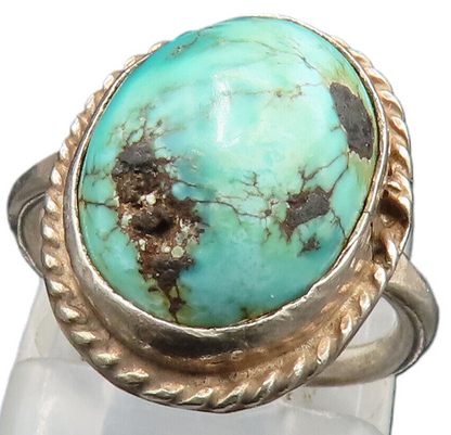 SOUTHWESTERN 925 Silver Vintage Rope Twist Edge Turquoise Ring Sz 3 RG24746