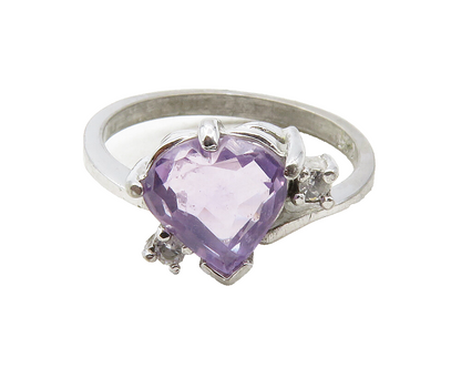 925 Sterling Silver  Love Heart Amethyst Shiny Band Ring Sz 5.5  RG12583