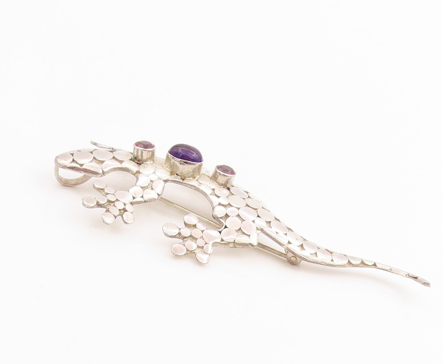 925 Sterling Silver Vintage Brooch SAJEN Oval Amethyst & CZ Lizard Pin  BP11956