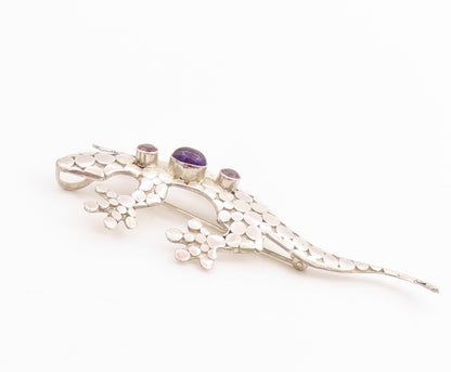 925 Sterling Silver Vintage Brooch SAJEN Oval Amethyst & CZ Lizard Pin  BP11956