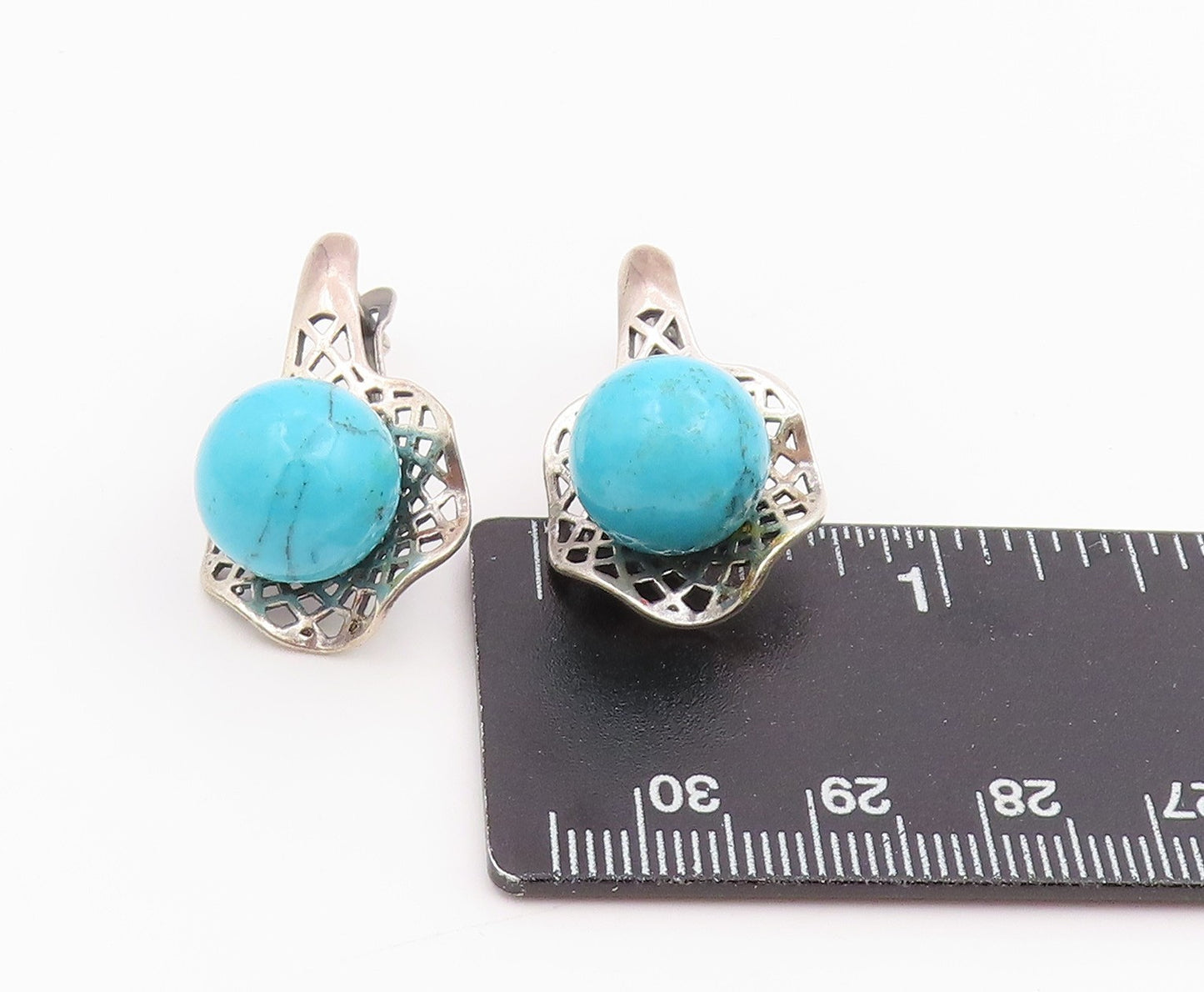 925 Sterling Silver Vintage Earrings Turquoise Geometric Openwork Drop  EG14217
