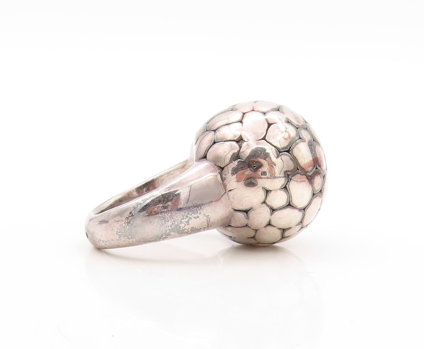 925 Sterling Silver Vintage Ring Puffed Pebble Effect Carved  Sz 7.5  RG31048
