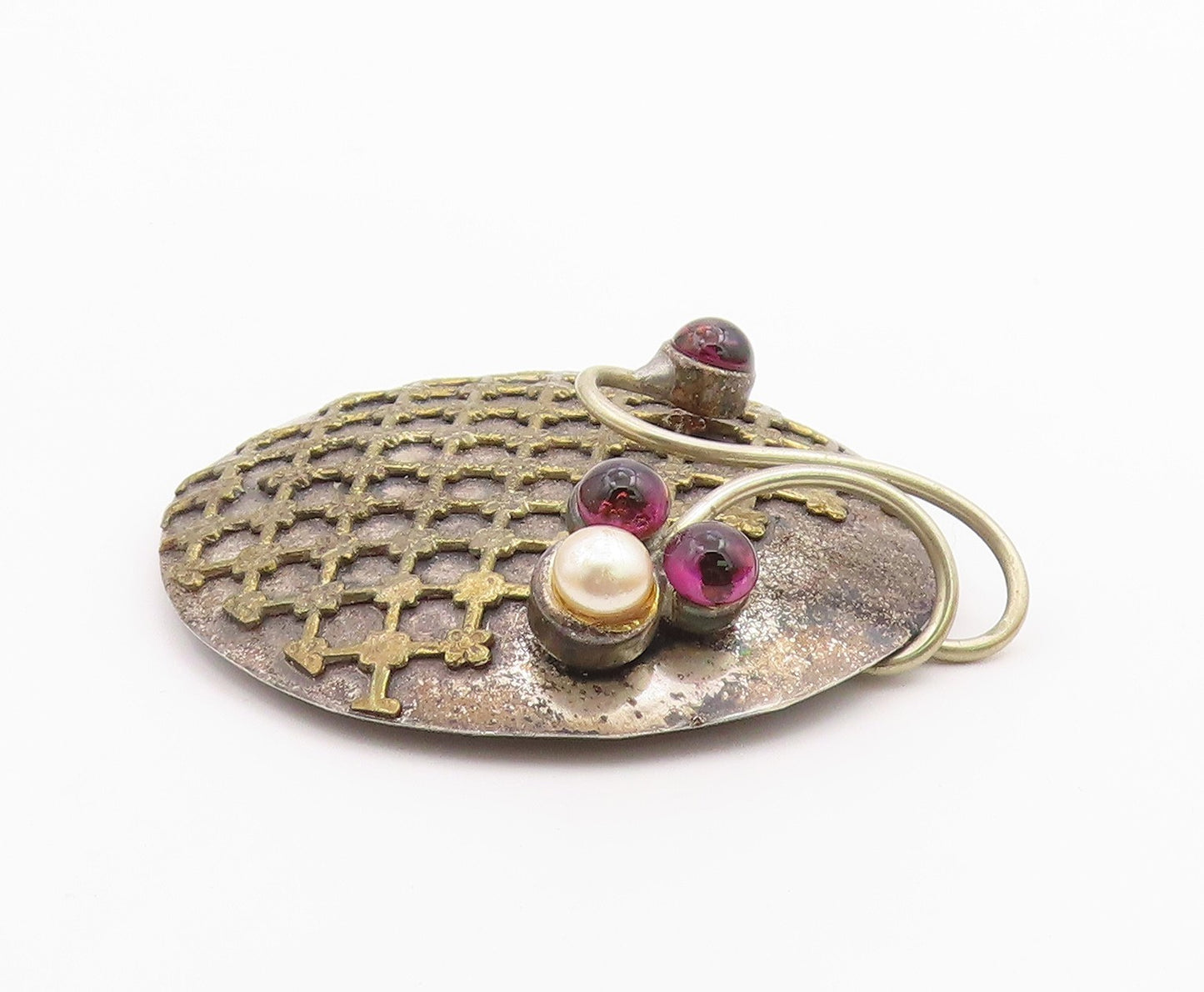 DESIGNER 925 Silver  Vintage Pearl & Amethyst Floral Pattern Brooch Pin BP8199