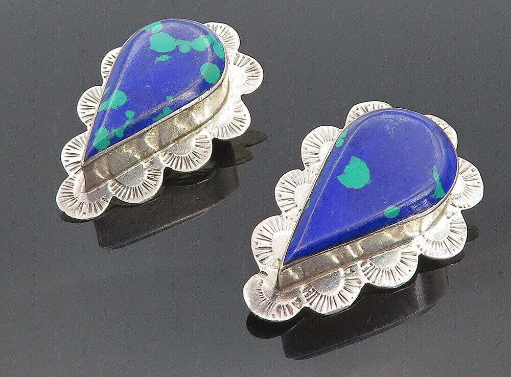 MEXICO 925 Silver  Vintage Azurite Etched Border Non Pierce Earrings  EG3963