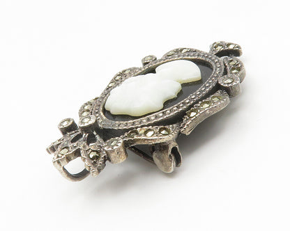 925 Sterling Silver  Vintage Mother Of Pearl & Black Onyx Brooch Pin  BP5386