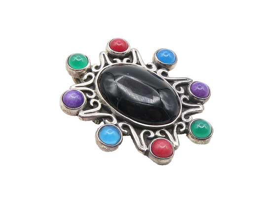 EFS MEXICO Silver  Vintage Black Onyx Charoite Coral & Topaz Brooch Pin BP3861