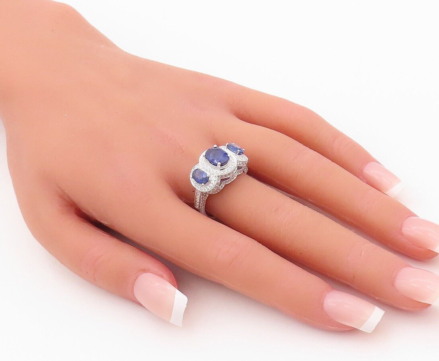 925 Sterling Silver Vintage Ring Oval Sapphire Halo CZ Inlay Sz 8 RG30009
