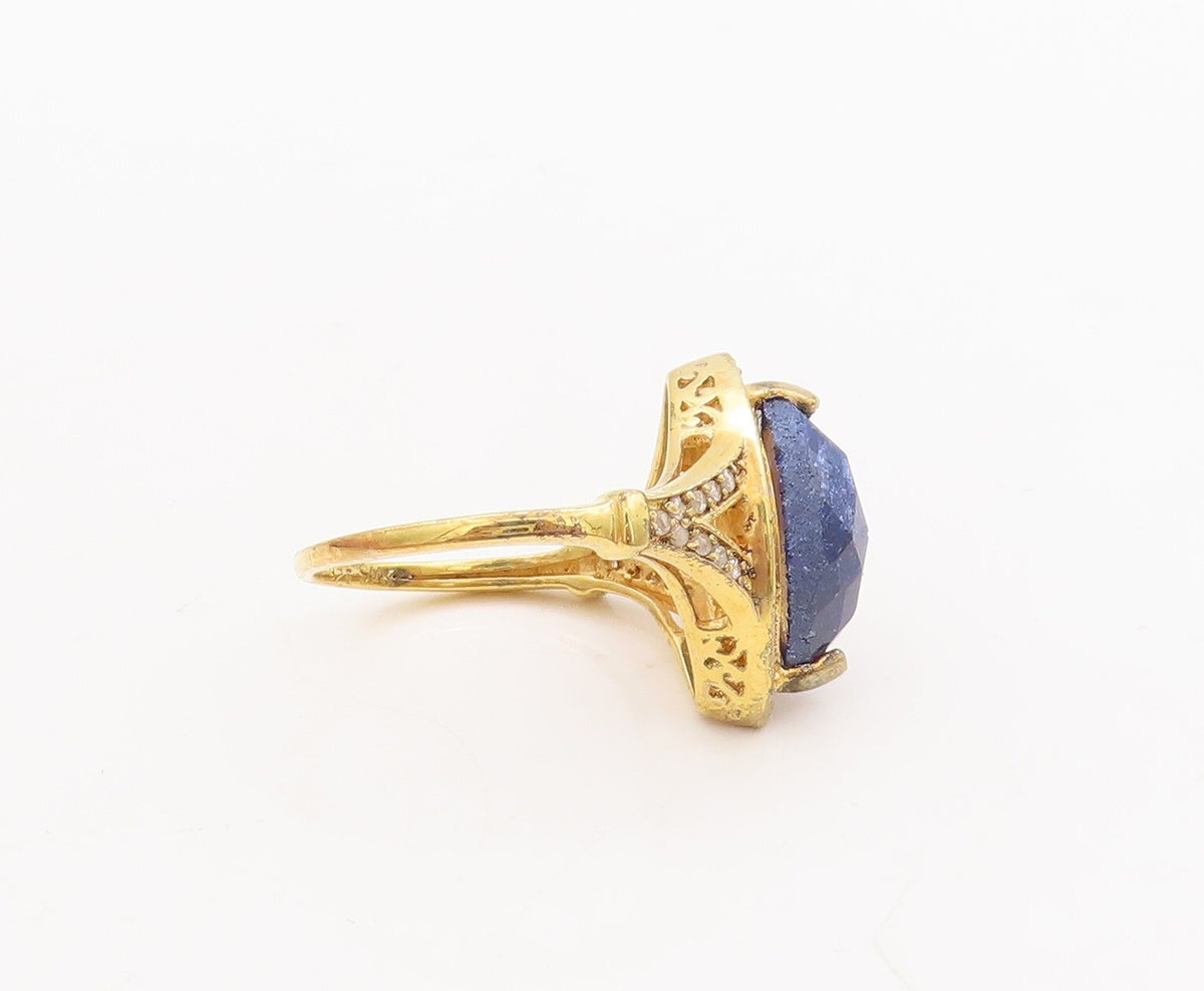925 Sterling Silver Vintage Ring Gold Plated Sapphire & Diamonds  Sz 8  RG29775