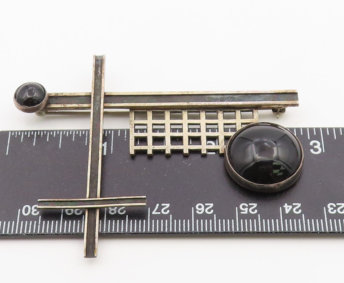 925 Sterling Silver Vintage Brooch Pin Classic Onyx Geometric Sculpture  BP12598