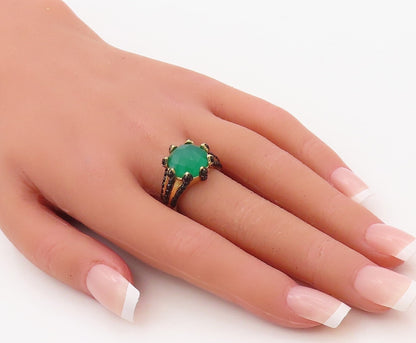 925 Sterling Silver Vintage Ring Gold Plated Green Onyx & Spinel  Sz 7  RG30633