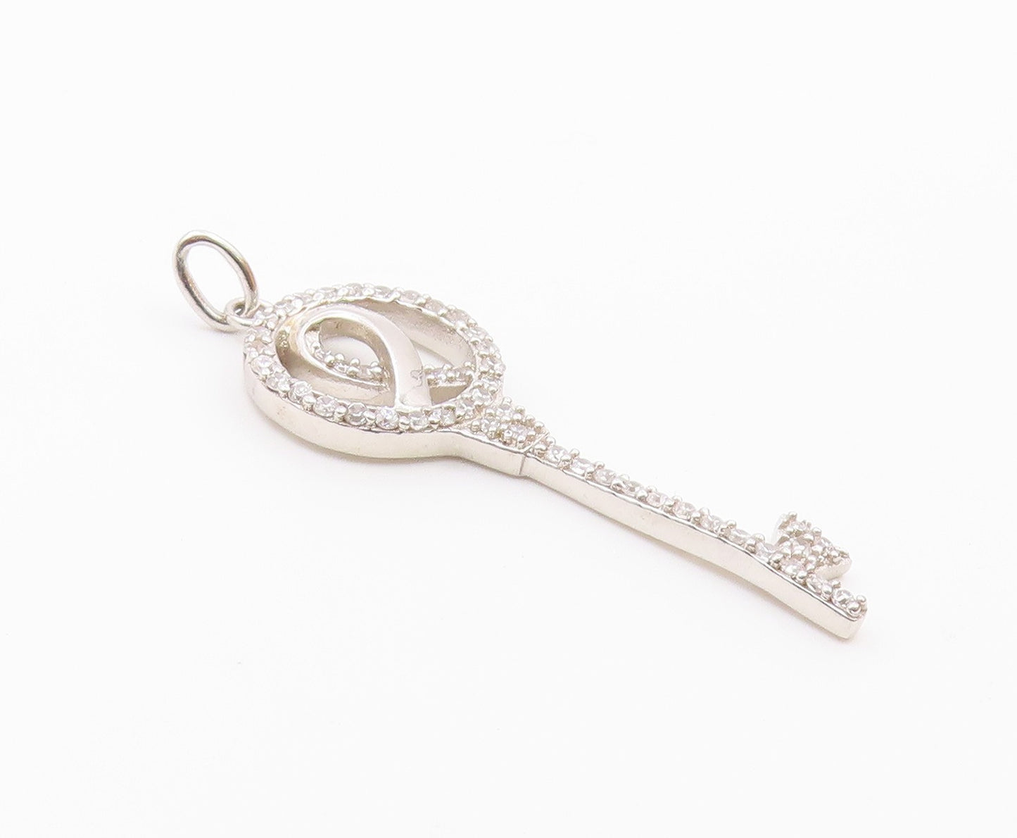925 Sterling Silver  Vintage Cubic Zirconia Ribbon Key Motif Pendant  PT16816