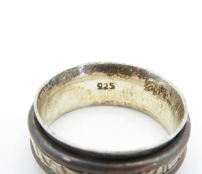 925 Sterling Silver  Vintage Two Tone Rustic Etched Spinner Ring Sz 8  RG3999