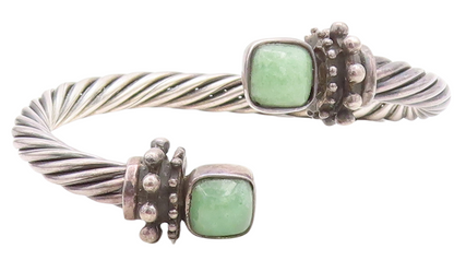 925 Sterling Silver  Vintage Dark Tone Jade Twist Bypass Cuff Bracelet  BT2255
