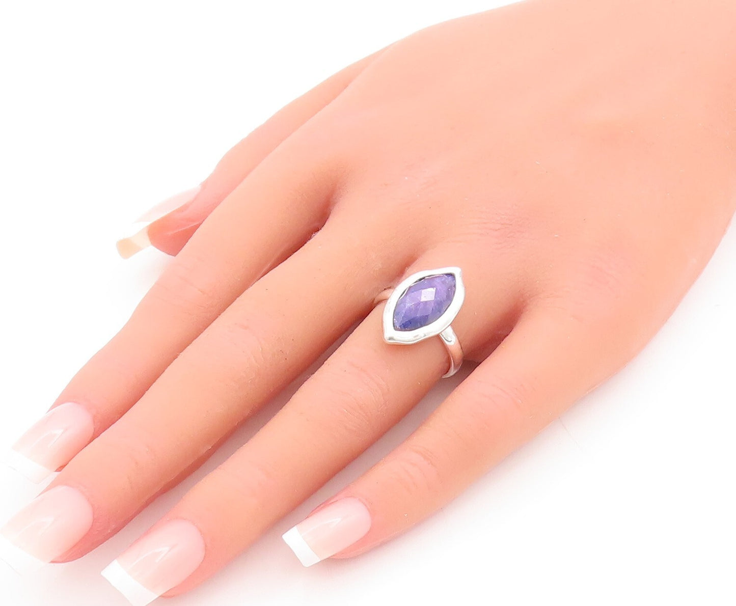 925 Sterling Silver Vintage Ring Marquise Shape Purple Gemstone  Sz 7  RG29414