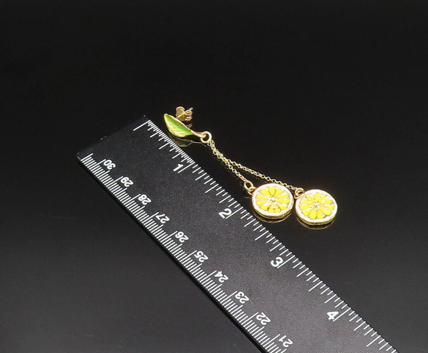 925 Sterling Silver Vintage Enamel Leaf & Lemon Slices Dangle Earrings EG11916