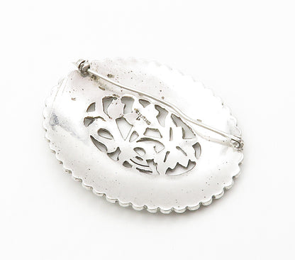 925 Sterling Silver  Vintage Sparkling Floral Motif Oval Brooch Pin  BP5794