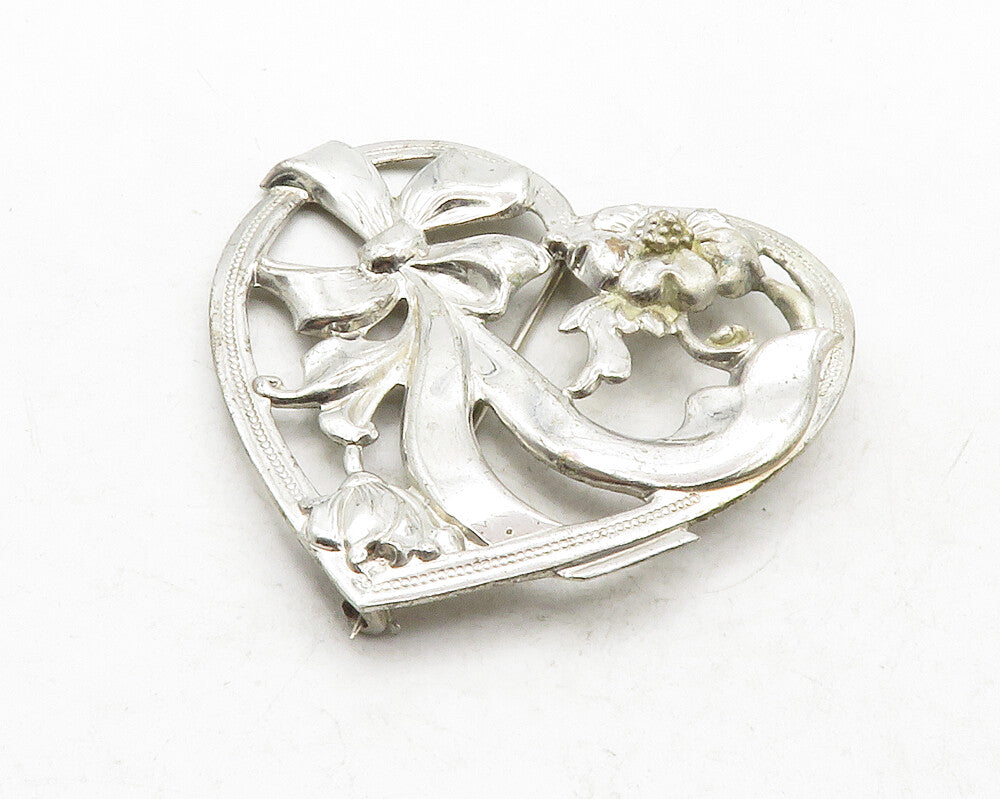 925 Sterling Silver  Vintage Floral Ribbon Bow Love Heart Brooch Pin  BP4826