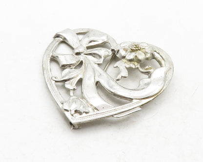 925 Sterling Silver  Vintage Floral Ribbon Bow Love Heart Brooch Pin  BP4826