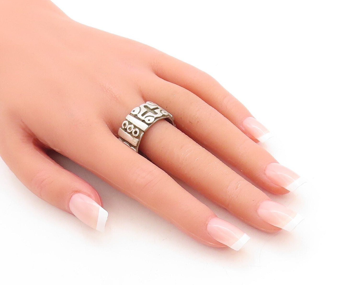 925 Sterling Silver Vintage Ring MEXICO Solid '+' & 'O' Carved  Sz 11  RG31161
