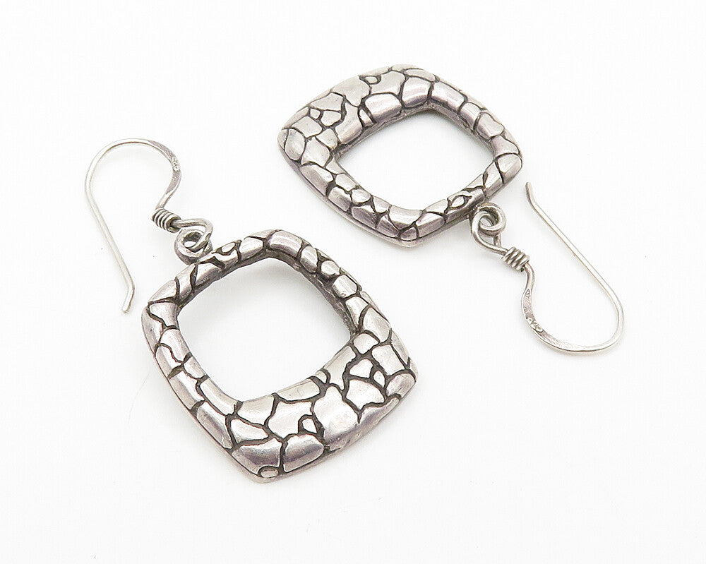 925 Sterling Silver  Vintage Shiny Cobble Etched Square Drop Earrings  EG5789