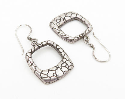 925 Sterling Silver  Vintage Shiny Cobble Etched Square Drop Earrings  EG5789