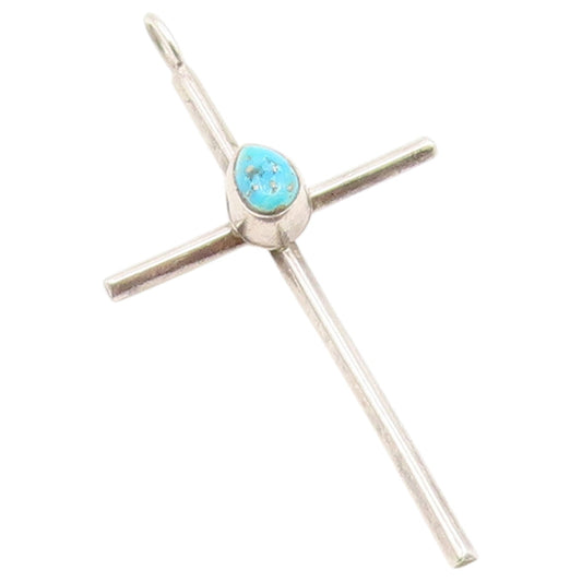 925 Sterling Silver Vintage Pendant Teardrop Turquoise Religious Cross  PT26660