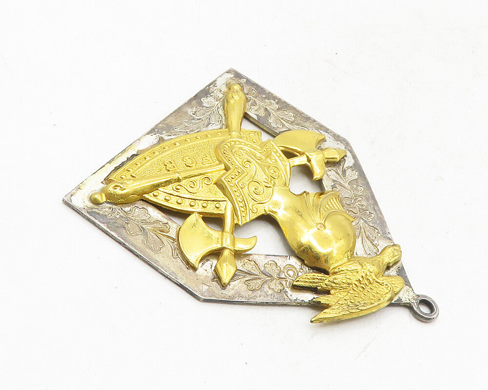SUPREME LODGE 925 Silver  Vintage Two Tone Knight & Shield Pendant  PT7782