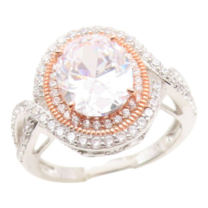 925 Sterling Silver Vintage Ring CZ Two Tone Halo Statement Band  Sz 7  RG35232