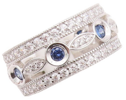 925 Sterling Silver Vintage Ring Cutout Band Sapphire & CZ Inlay  Sz 7  RG29984
