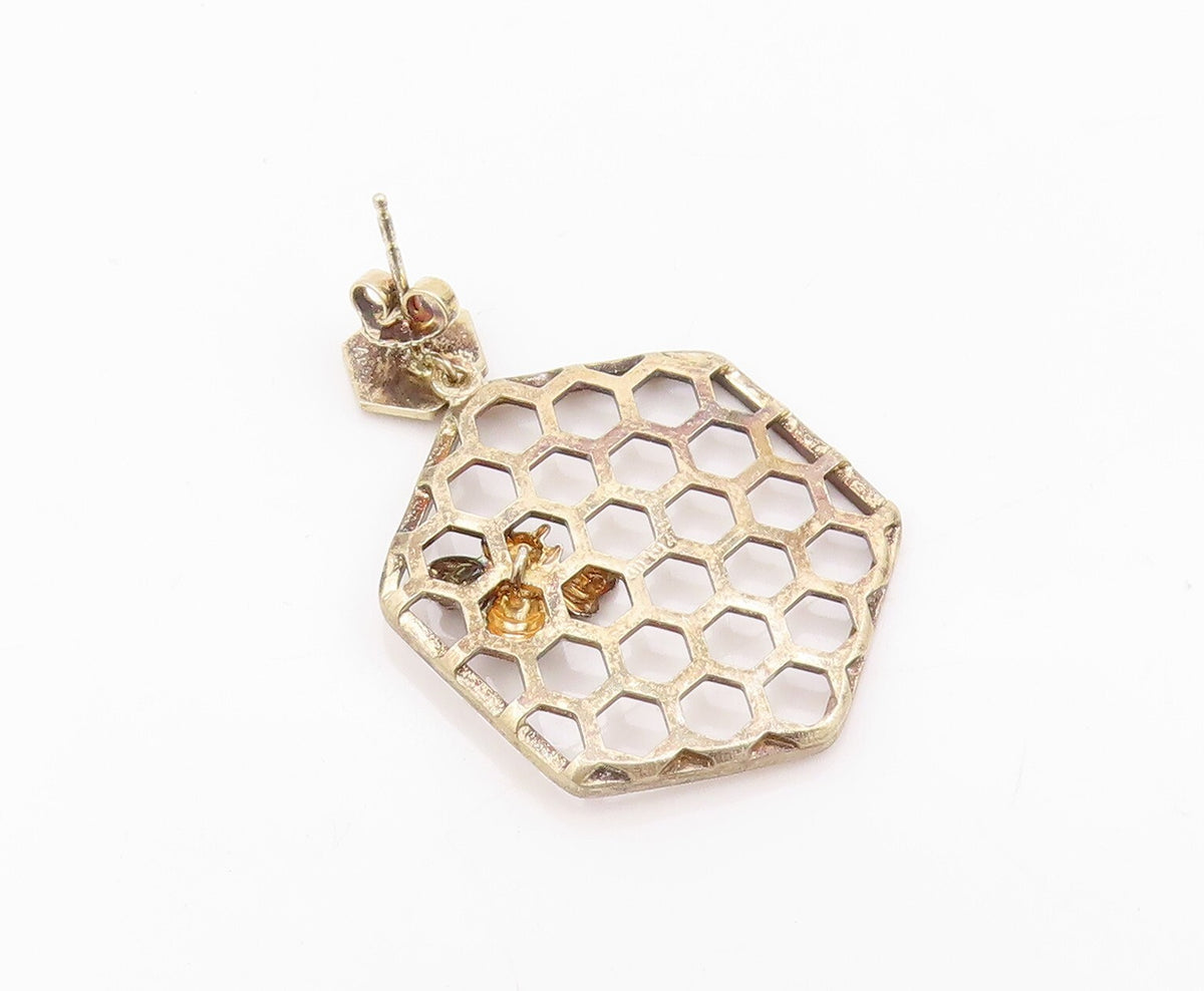 925 Sterling Silver Vintage Earrings Gold Plated Designer Honeycomb  EG13329