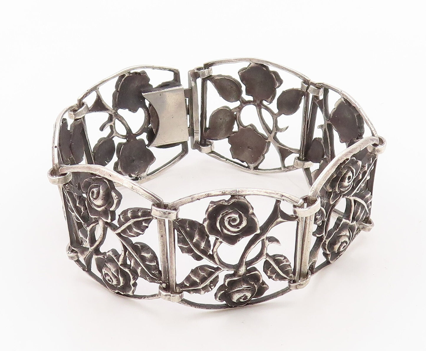 925 Sterling Silver Vintage Bracelet LUMI Antique Floral Frames Cutout  BT10826