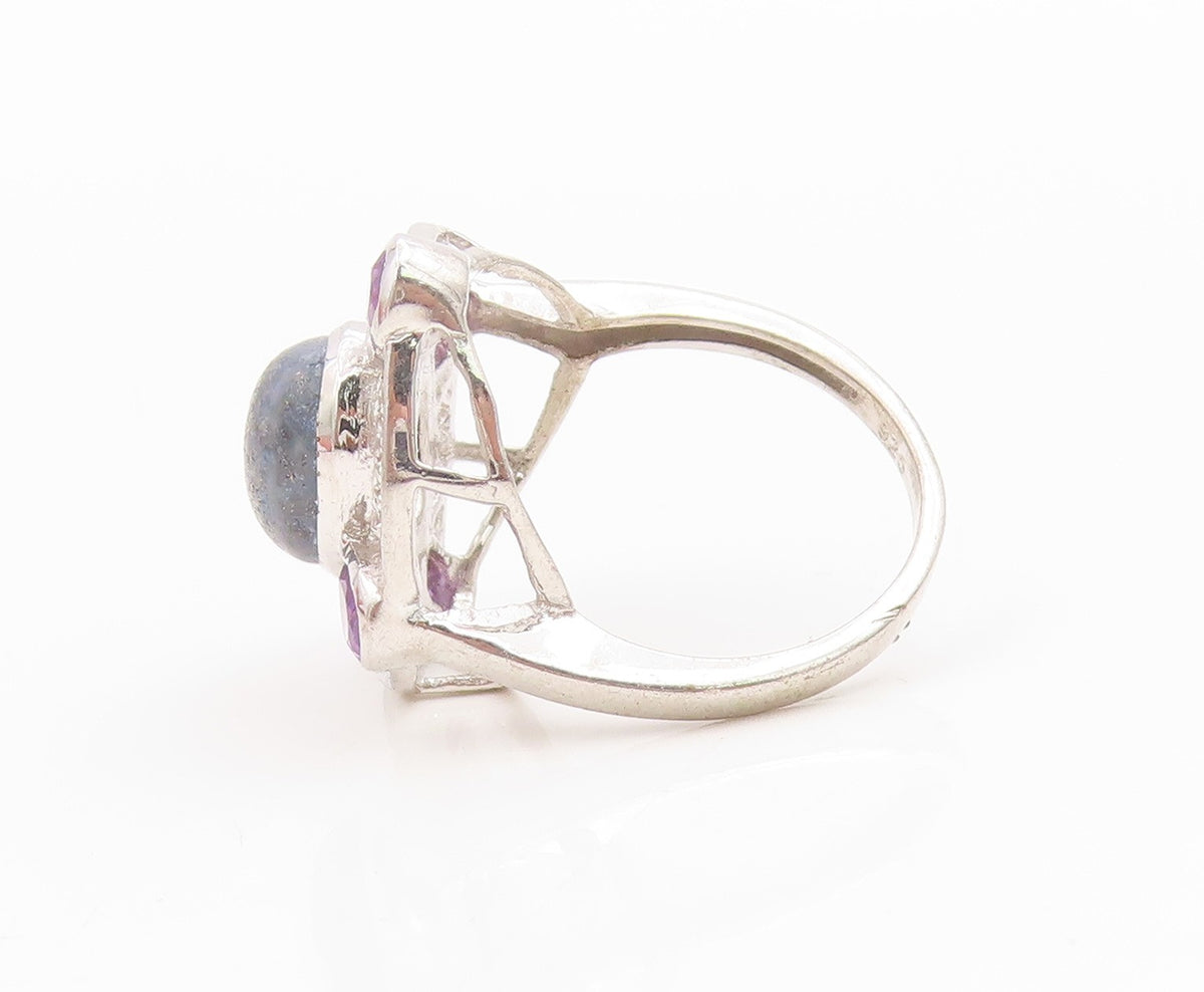 925 Sterling Silver Vintage Ring Amethyst & Gemstone Openwork Band Sz 7 RG36170
