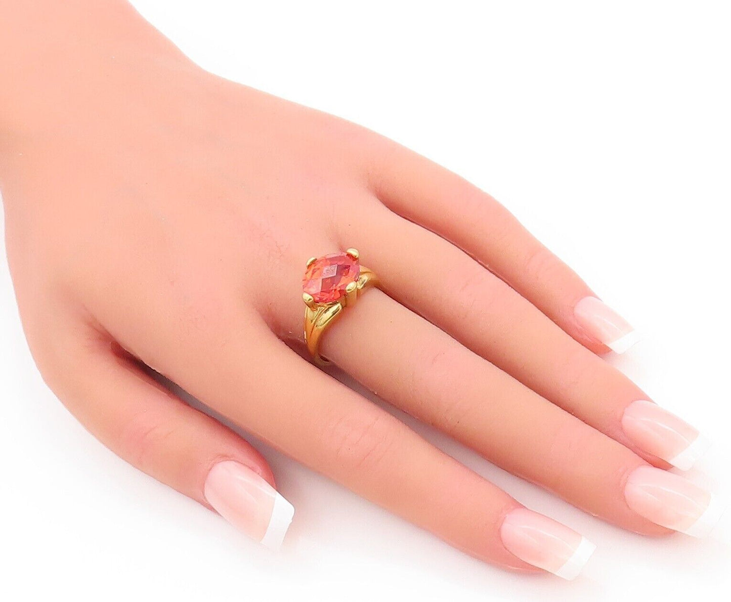 925 Sterling Silver Vintage Ring Gold Plated Solid Oval Cut Red CZ  Sz 8 RG28192