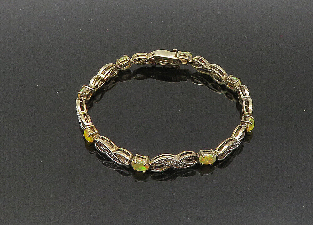 925 Sterling Silver  Vintage Cabochon Cut Fire Opal Chain Bracelet  BT8317
