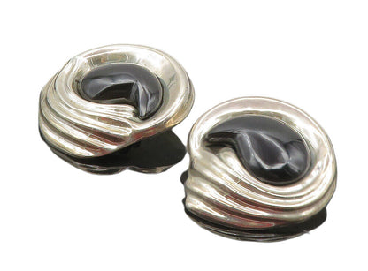 MEXICO 925 Silver  Vintage Black Onyx Modernist Non Pierce Earrings  EG4794