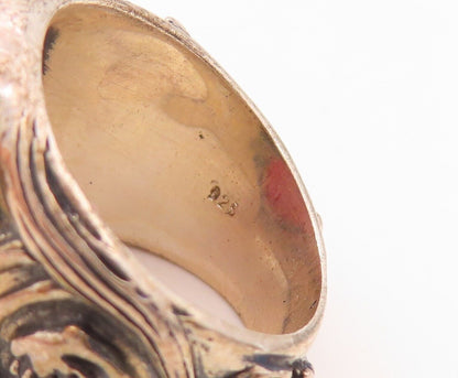 925 Sterling Silver Vintage Ring Swirly Carved Oval Red Gemstone  Sz 6.5 RG30220