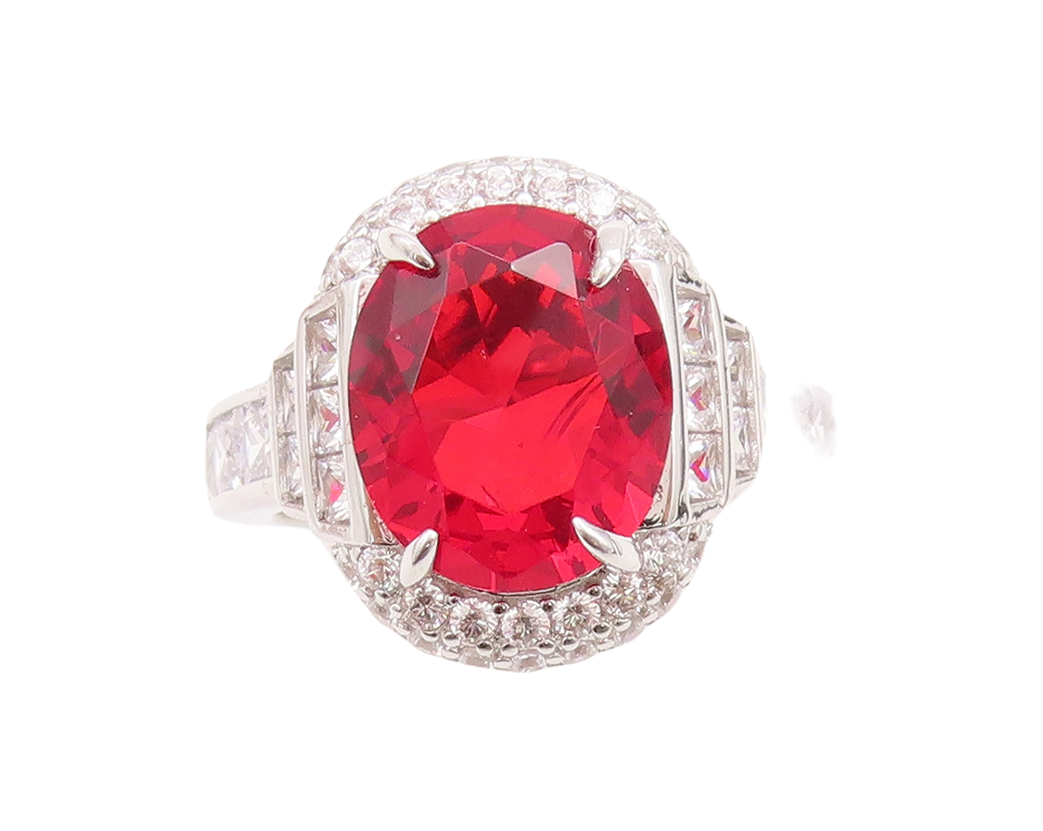 925 Sterling Silver Vintage Ring Oval Cut Red Halo White CZ  Sz 7  RG29790