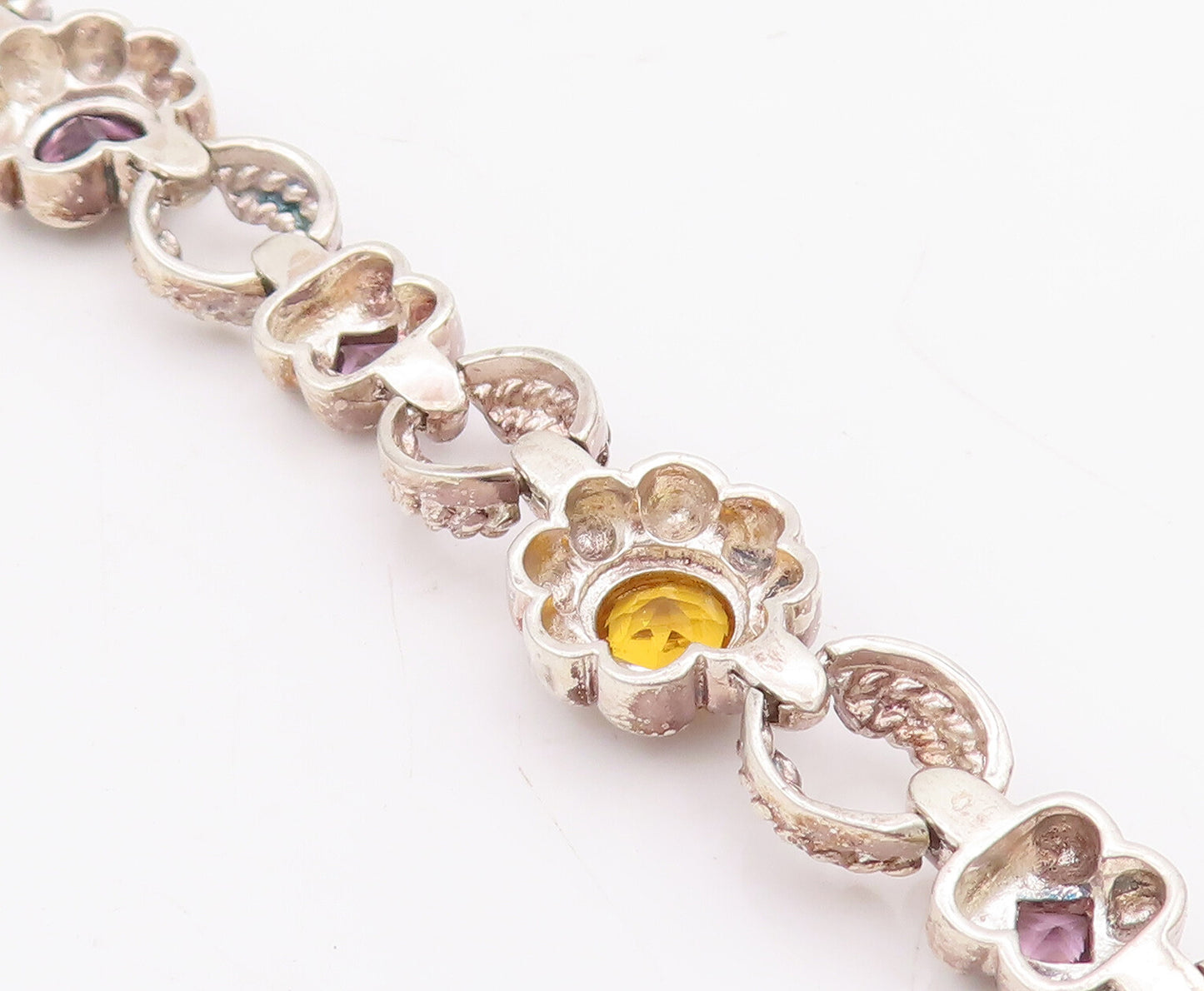925 Sterling Silver Vintage Bracelet Amethyst Flowers & Ring Linked  BT10591
