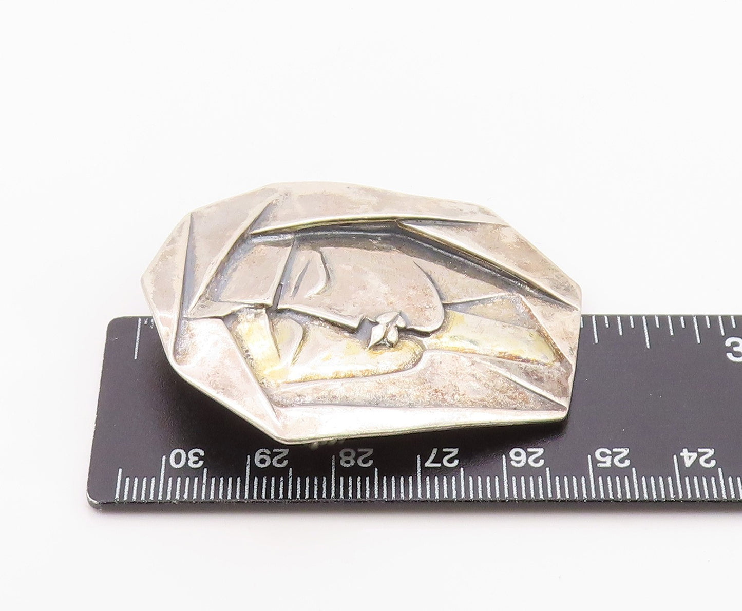 925 Sterling Silver Vintage Brooch Pin Geometric Duo Portrait Embrace  BP12558