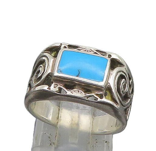 925 Sterling Silver Vintage Inlaid Turquoise Swirl Vine Band Ring Sz 6.5 RG23502