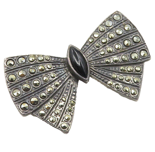 925 Sterling Silver  Vintage Black Onyx & Marcasite Bow Tie Brooch Pin  BP7100